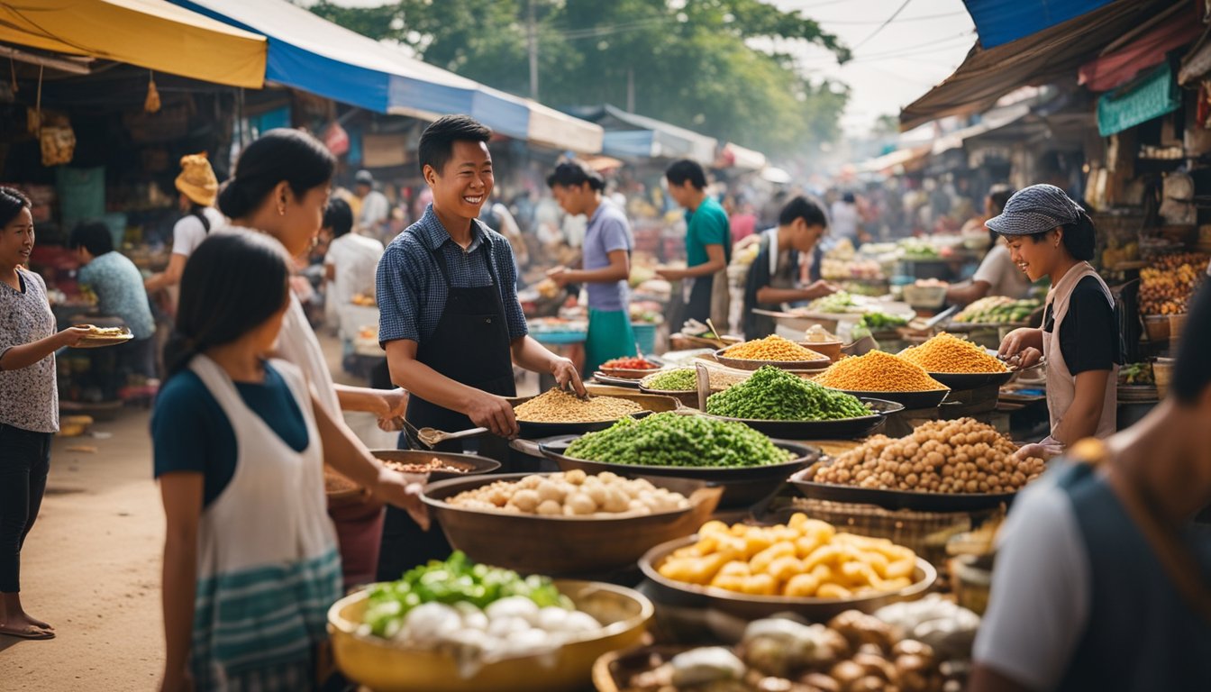 A bustling street in Vientiane, filled with colorful food stalls and vendors, offering a variety of local dishes and snacks. A mix of aromas wafts through the air as people sample different foods