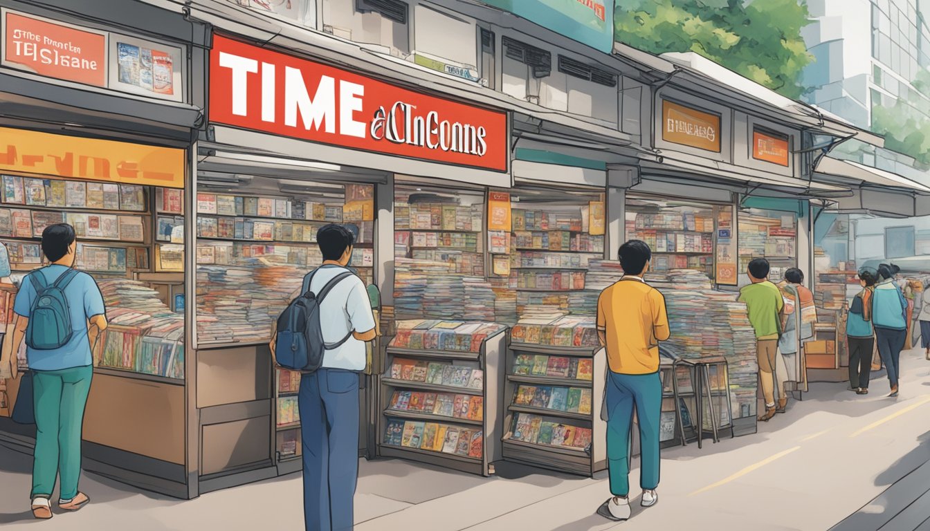 A bustling newsstand in Singapore displays Time magazine prominently among other publications