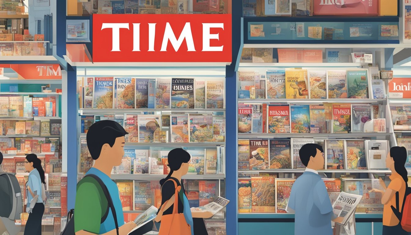 A busy newsstand displays Time magazine among other publications in a bustling Singapore market