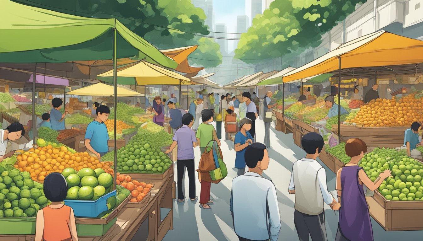 A bustling marketplace in Singapore, with colorful stalls selling fresh key limes. Customers browse the vibrant selection, while vendors eagerly promote their juicy fruits