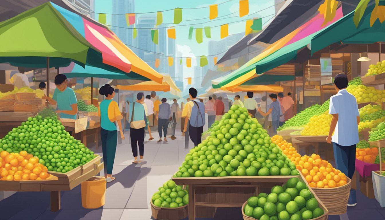 Vibrant market stall with piles of fresh key limes, surrounded by colorful signage and bustling shoppers in Singapore