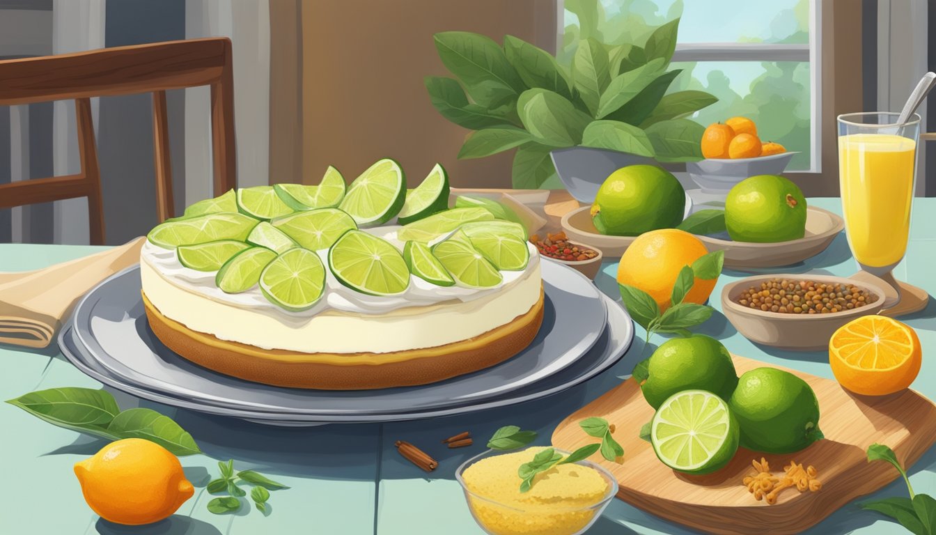A table set with a slice of key lime pie, surrounded by vibrant local produce and spices. The aroma of citrus fills the air