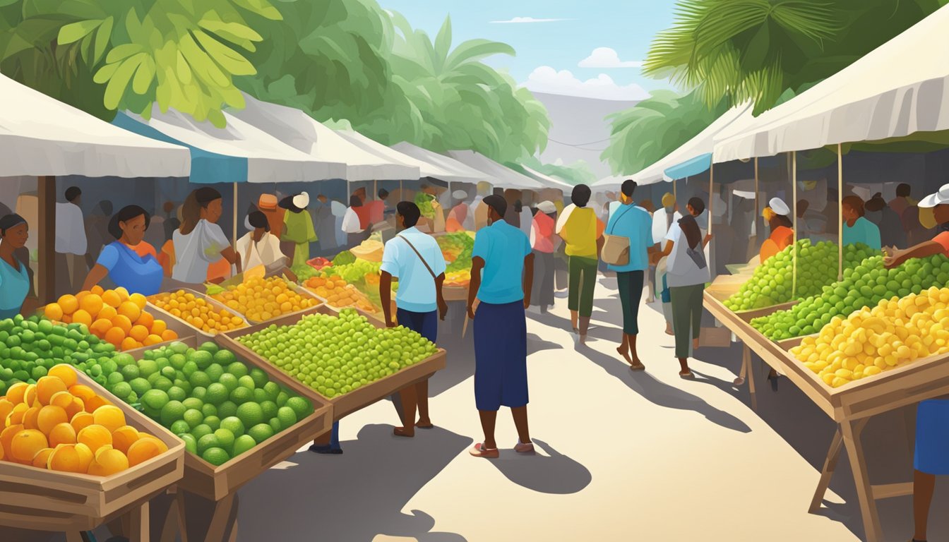 A bustling marketplace with vibrant stalls selling tropical fruits, including key limes. Customers inquire about the availability of key limes at various vendors