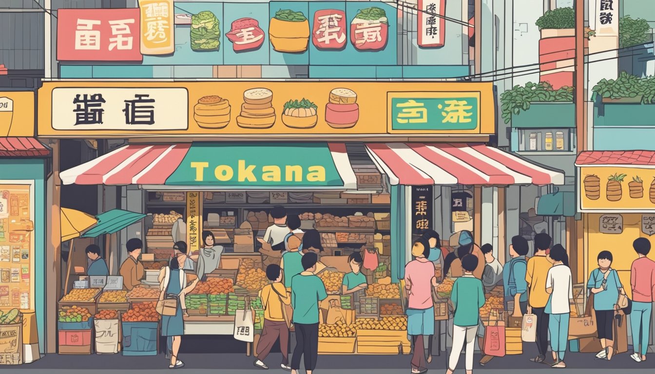 A bustling street market in Singapore, with colorful stalls and signs advertising "Tokyo Banana" in bold letters. Shoppers eagerly line up to purchase the popular Japanese snack