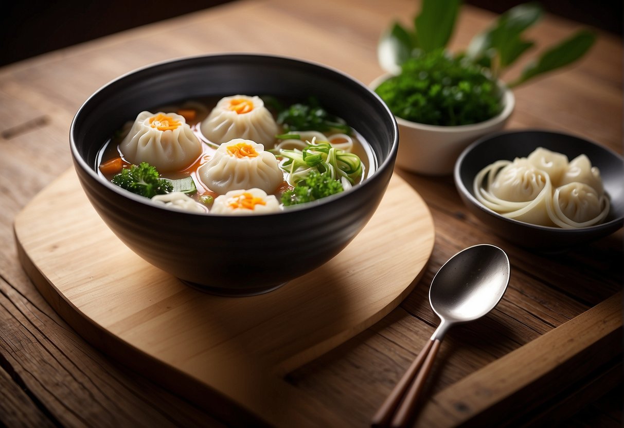 A steaming bowl of noodle soup with dumplings, surrounded by chopsticks and a spoon on a wooden table