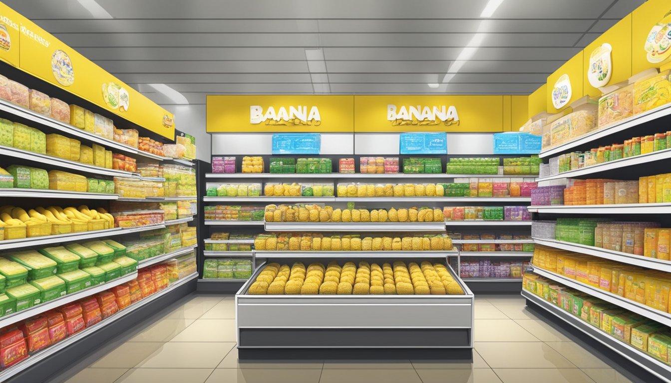 A display of Tokyo Banana products in a Singaporean store. Shelves are neatly organized with various flavors and sizes. A sign with consumption and storage tips is prominently displayed