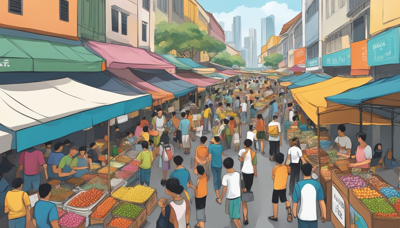 A bustling street market in Singapore, with colorful stalls and signs advertising "kuti kuti" for sale. Crowds of people browsing and vendors calling out to passersby