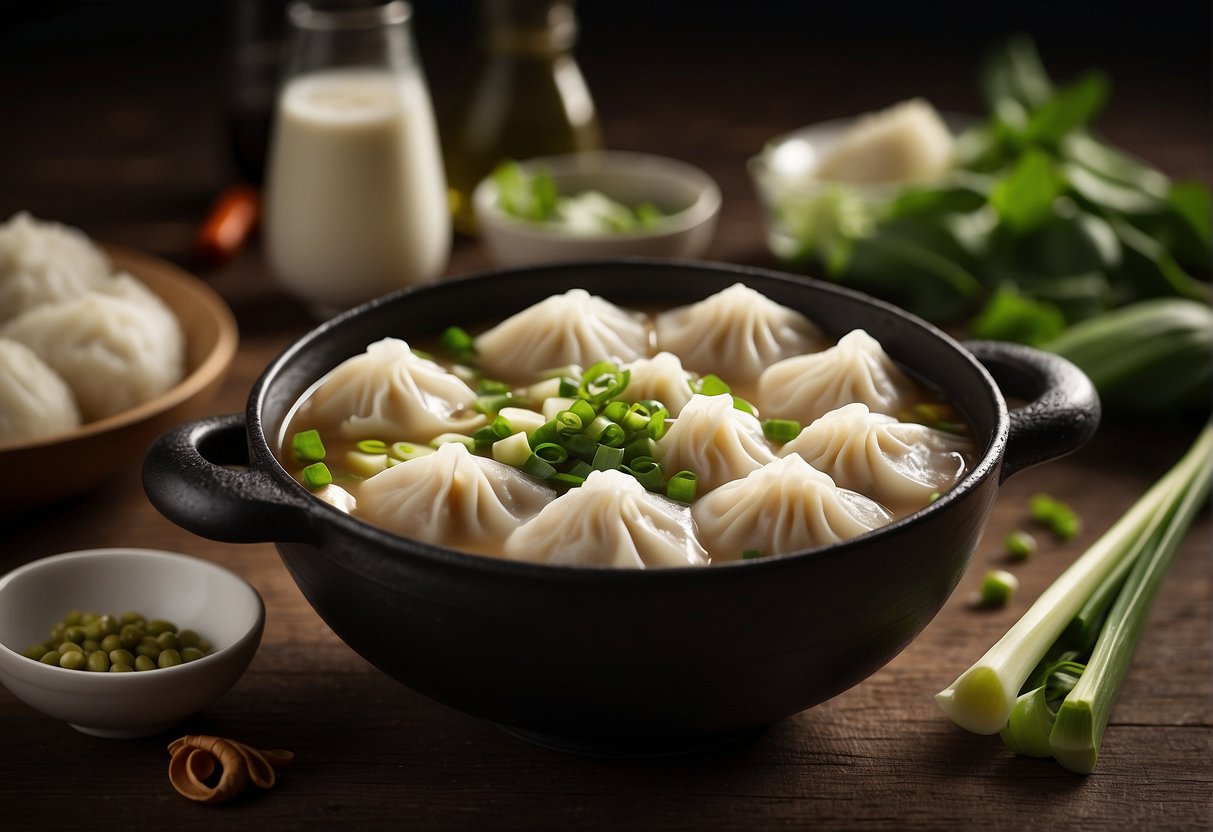 A steaming bowl of Chinese dumpling noodle soup with chopsticks resting on the side, surrounded by ingredients like bok choy, scallions, and tender dumplings