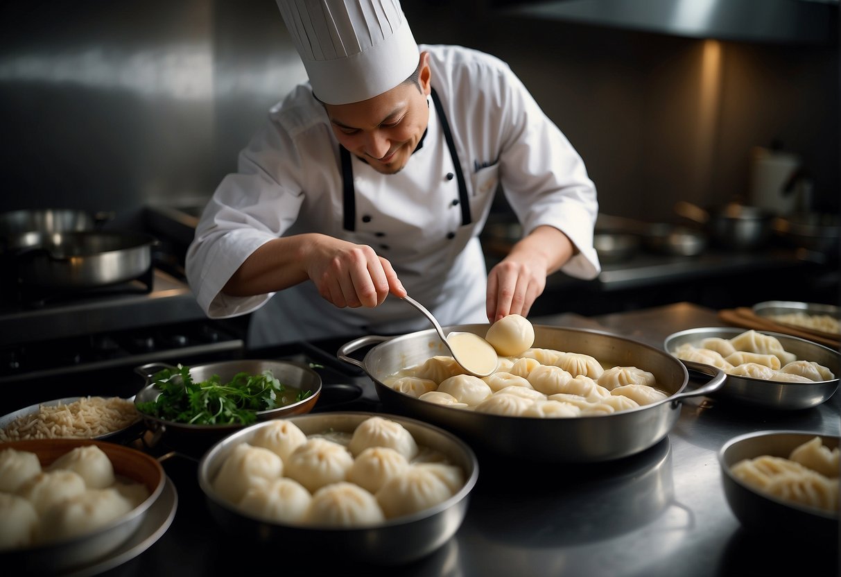 A chef kneads dough, fills dumplings, and simmers in broth