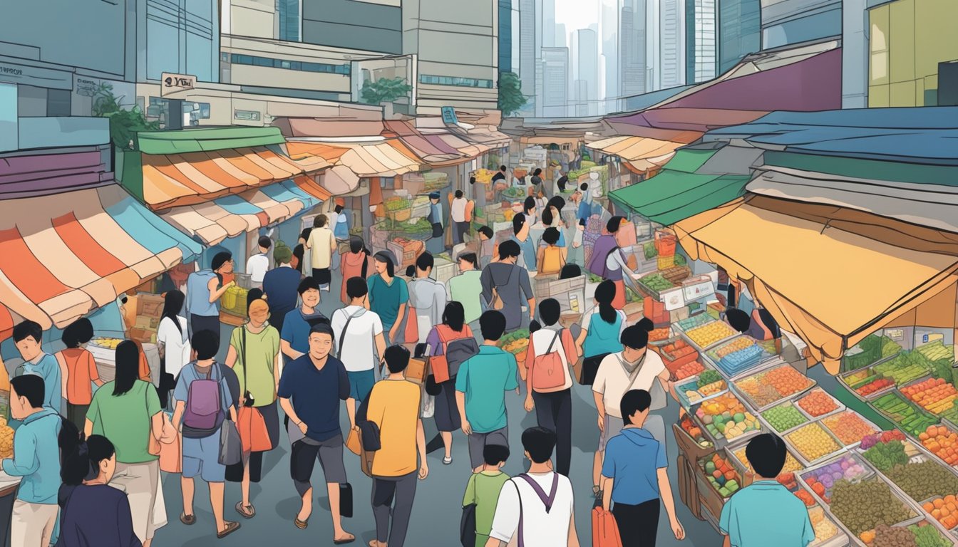A bustling Singapore market with a prominent Tula carrier display, surrounded by curious shoppers seeking information