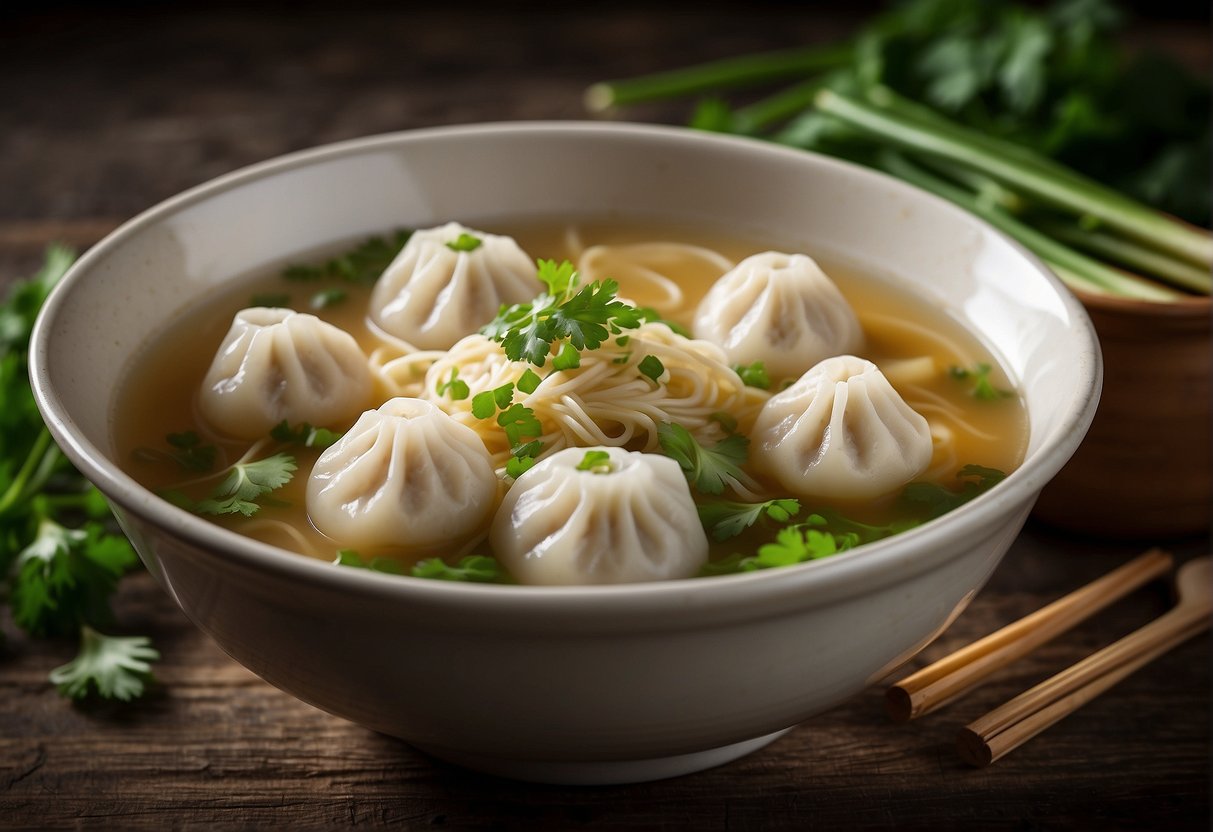 A steaming bowl of Chinese dumpling noodle soup sits on a rustic wooden table, garnished with fresh green onions and cilantro. Steam rises from the bowl, carrying the aroma of savory broth and tender dumplings