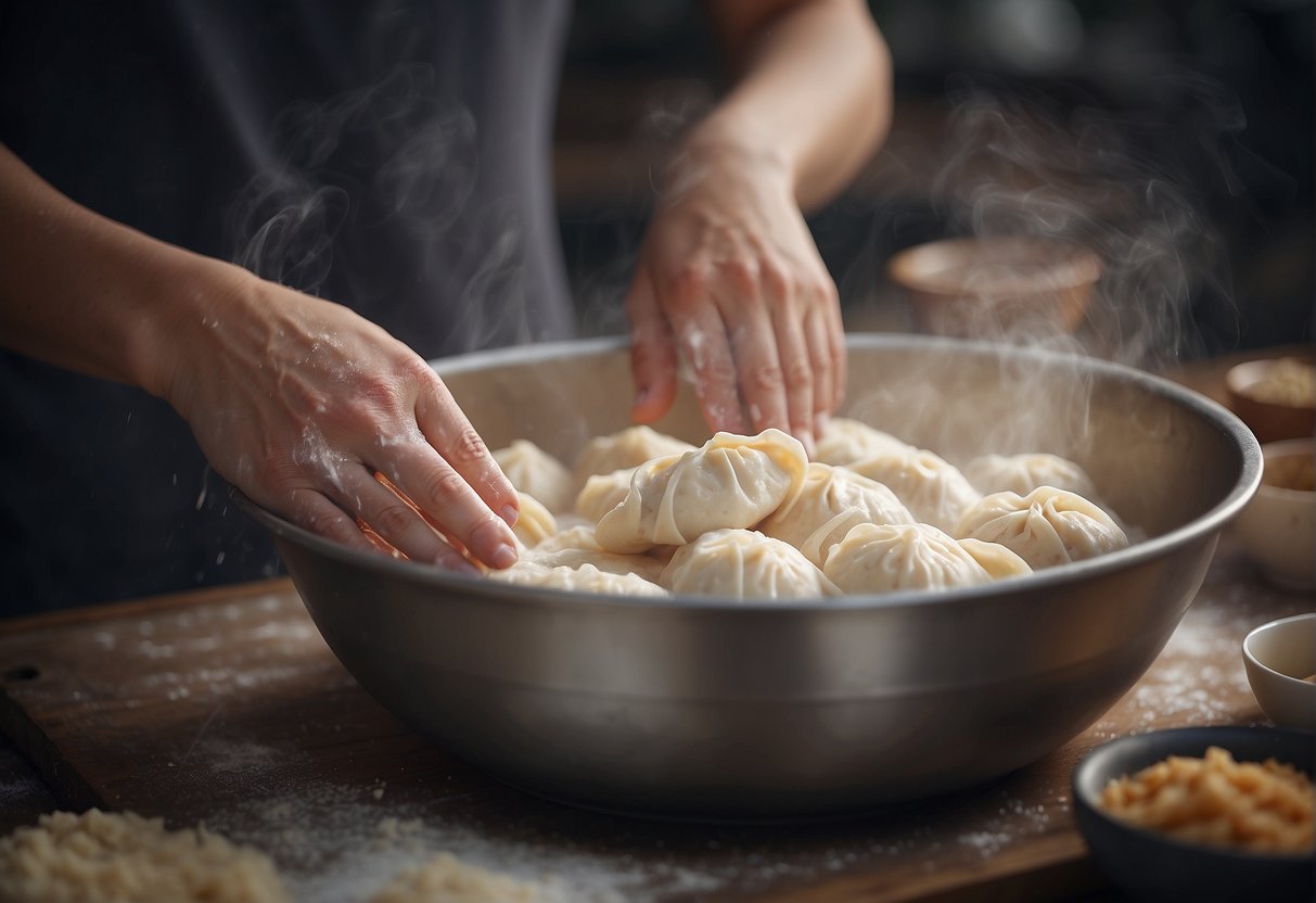 A pair of hands mixes flour and water in a large bowl, forming a smooth dough for making Chinese dumplings