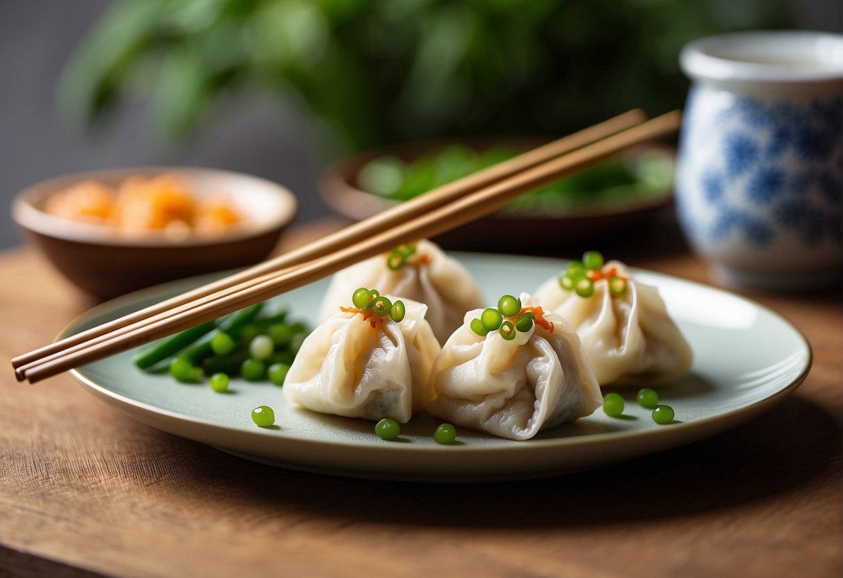 A pair of chopsticks expertly folds the delicate dumpling skin over a savory filling of minced pork, ginger, and green onions