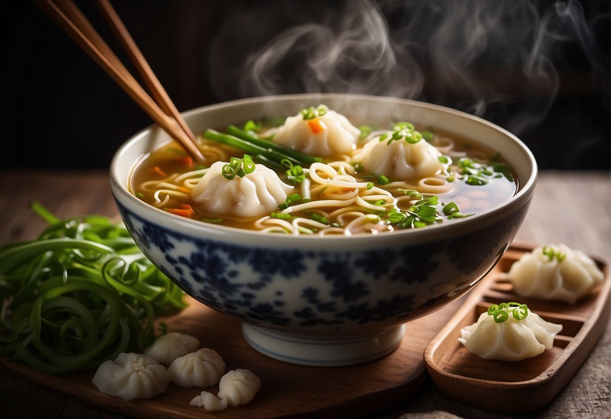 Steaming bowl of noodle soup with floating dumplings, garnished with fresh green onions and a drizzle of chili oil