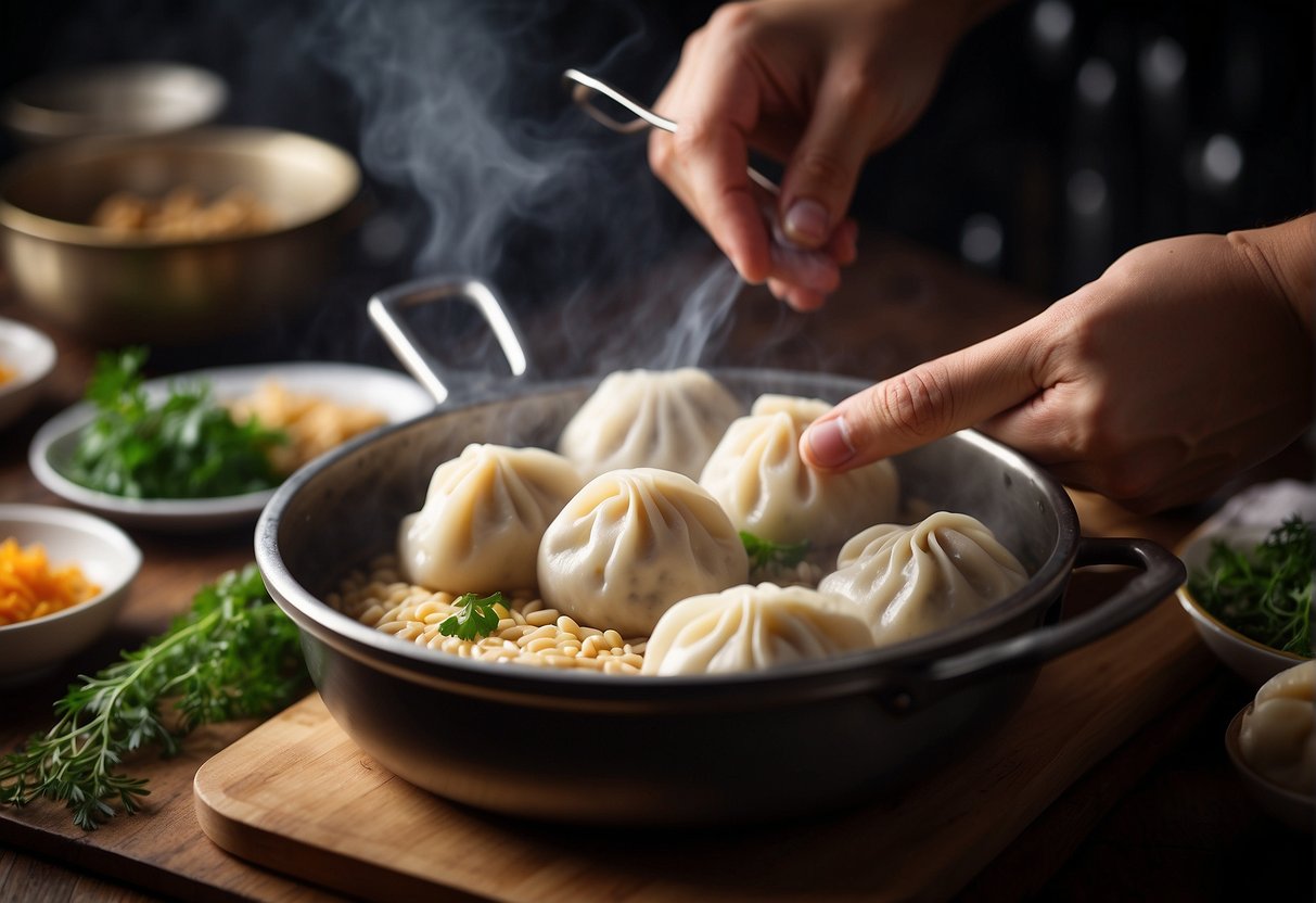 A pair of hands wraps dumpling dough around a savory filling, then places them in a steaming pot