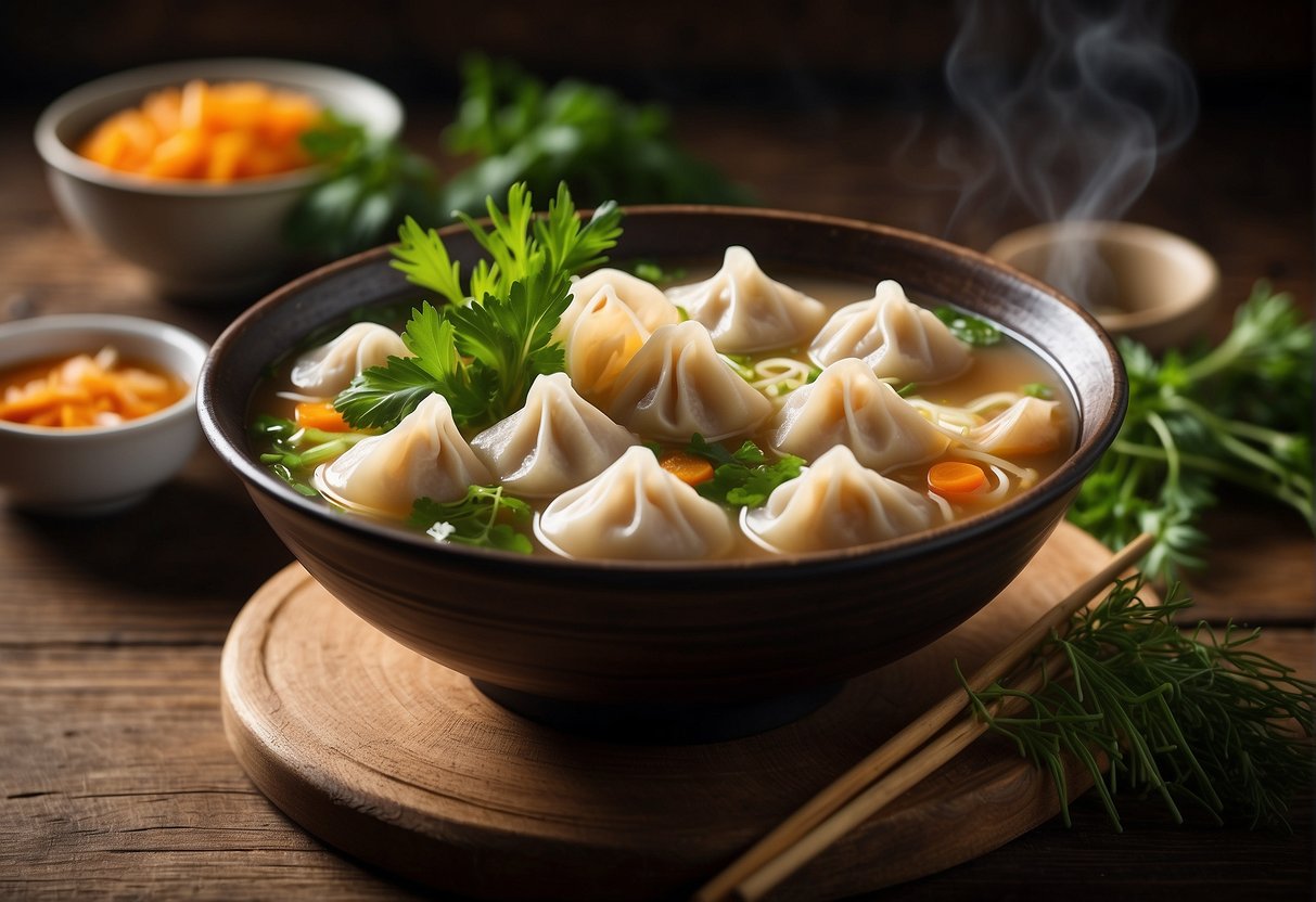 A steaming bowl of Chinese dumpling noodle soup surrounded by fresh herbs and condiments on a rustic wooden table