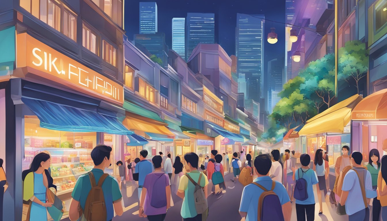 A bustling Singapore street with prominent UV light retailers, colorful storefronts, and busy shoppers