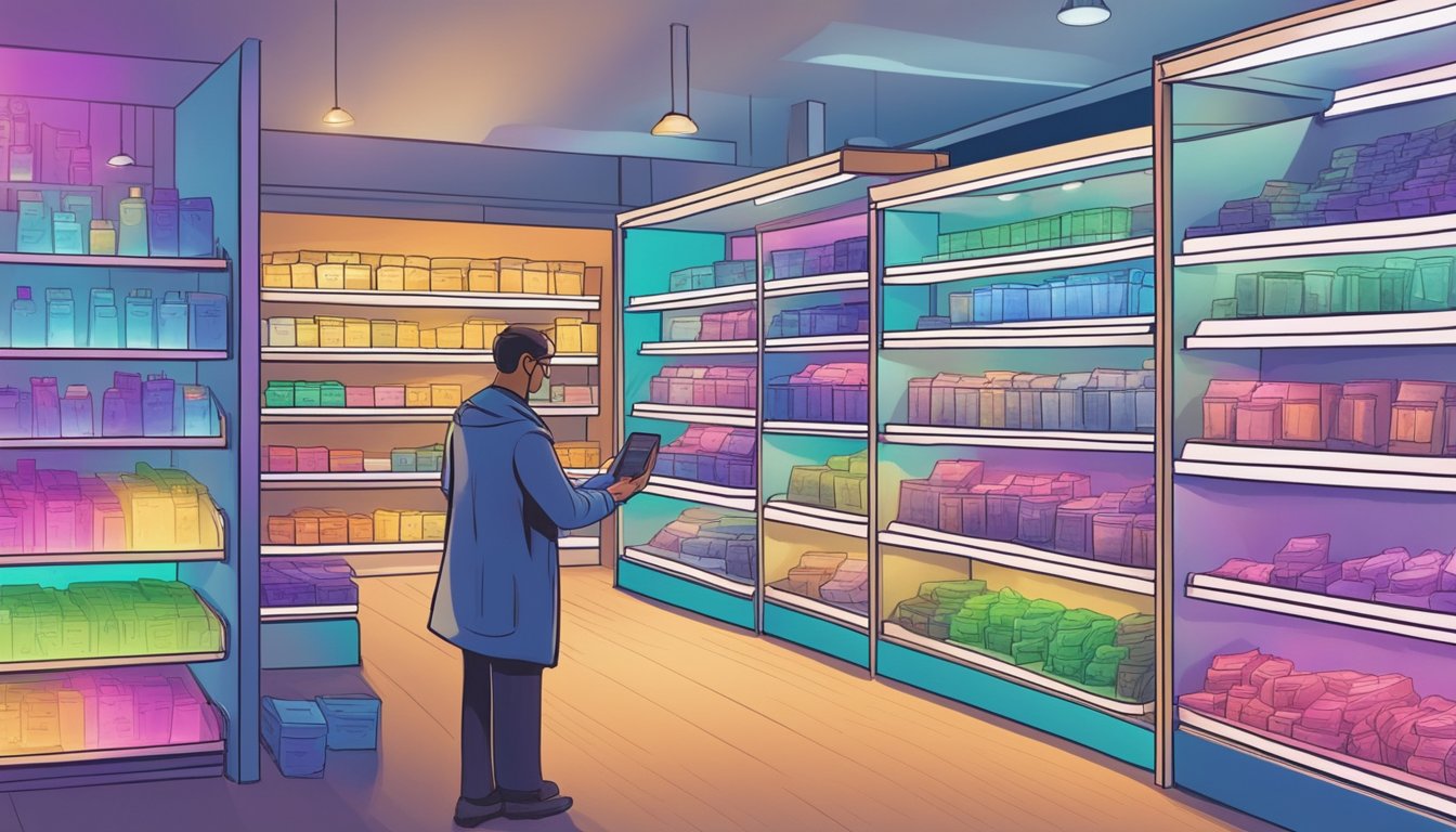 A customer examining different UV lights in a store, with various options displayed on shelves and prices clearly labeled
