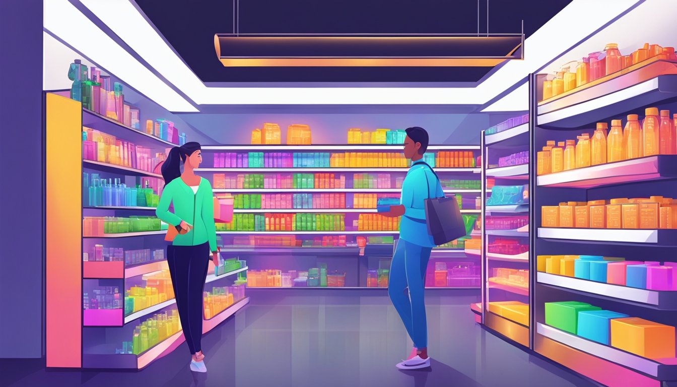 A bright and modern store with shelves of UV lights and a helpful salesperson assisting a customer with their purchase