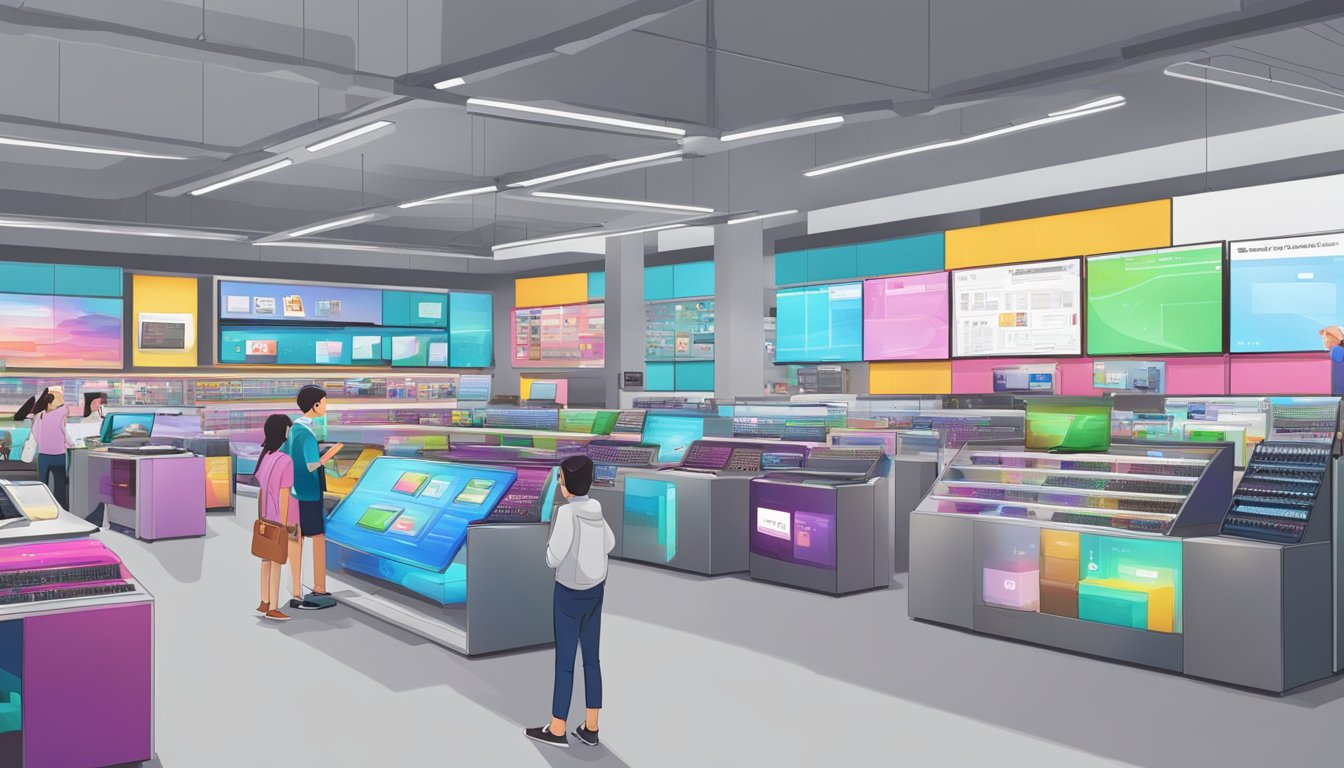 A bustling electronics store in Singapore showcases the LG Gram laptops with a prominent "Frequently Asked Questions" display