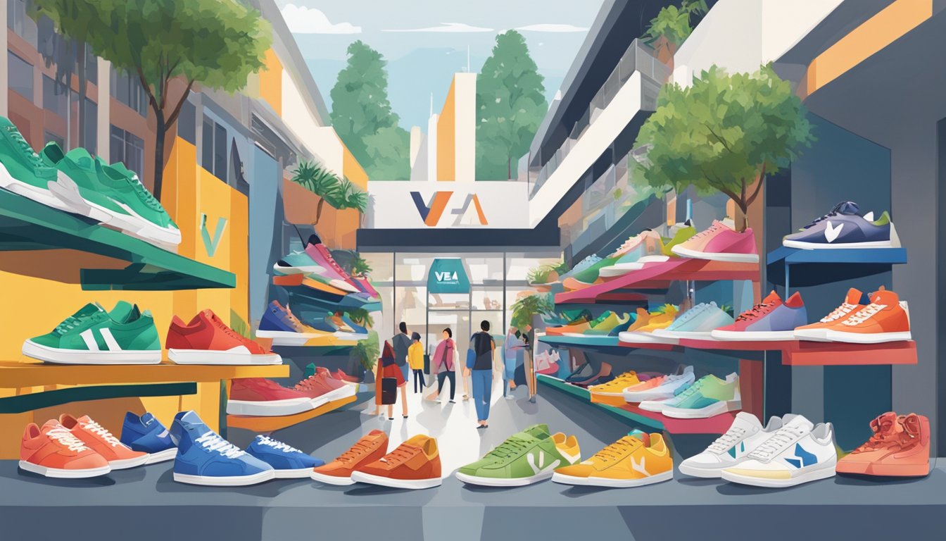 A vibrant street market in Singapore showcases a variety of Veja sneakers on display at several trendy footwear stores