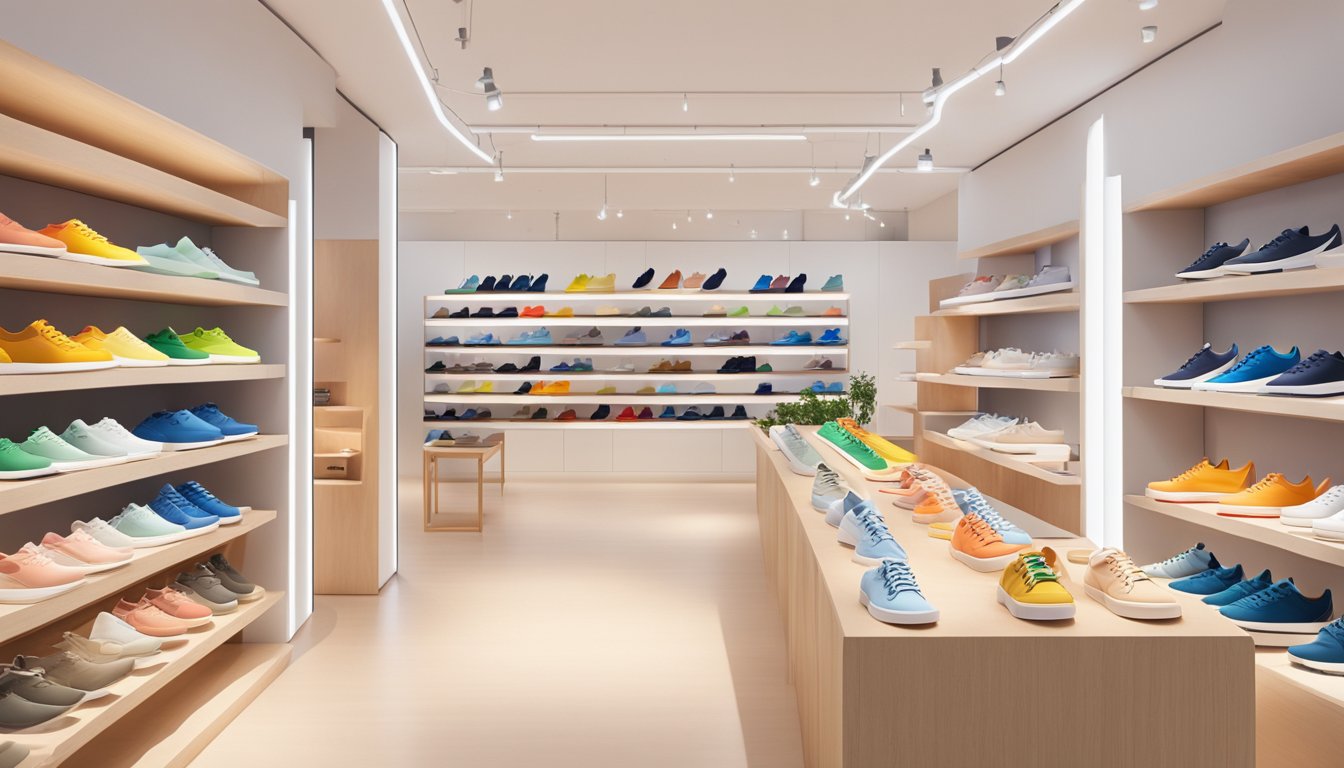 A colorful display of Veja sneakers in a modern, minimalist store in Singapore. Bright lighting and clean shelves showcase the eco-friendly footwear