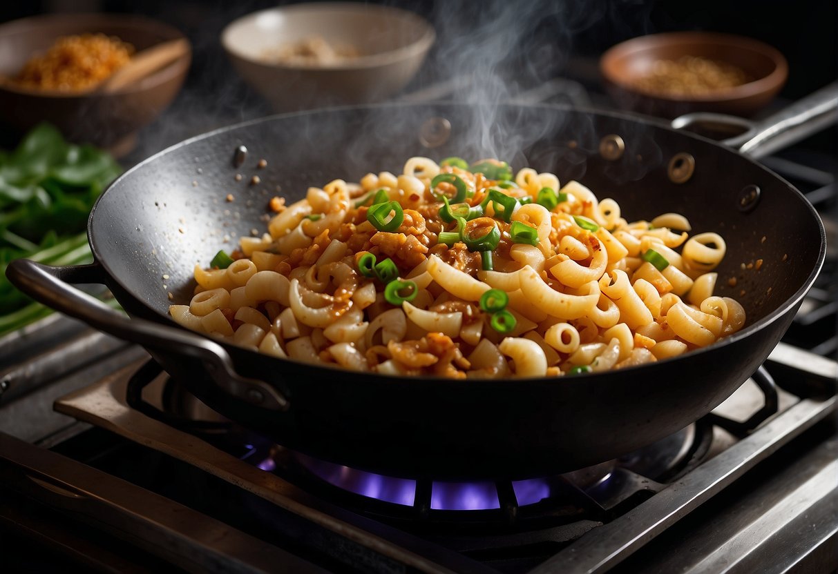 A wok sizzles with garlic, ginger, and scallions. A splash of soy sauce and a sprinkle of five-spice powder. Stir-fried macaroni glistens with savory flavors