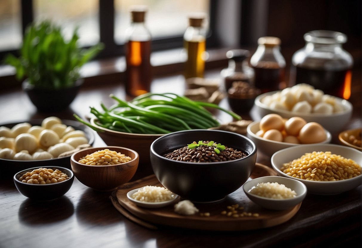 A kitchen counter with various Chinese cooking ingredients neatly arranged: soy sauce, oyster sauce, sesame oil, ginger, garlic, and green onions