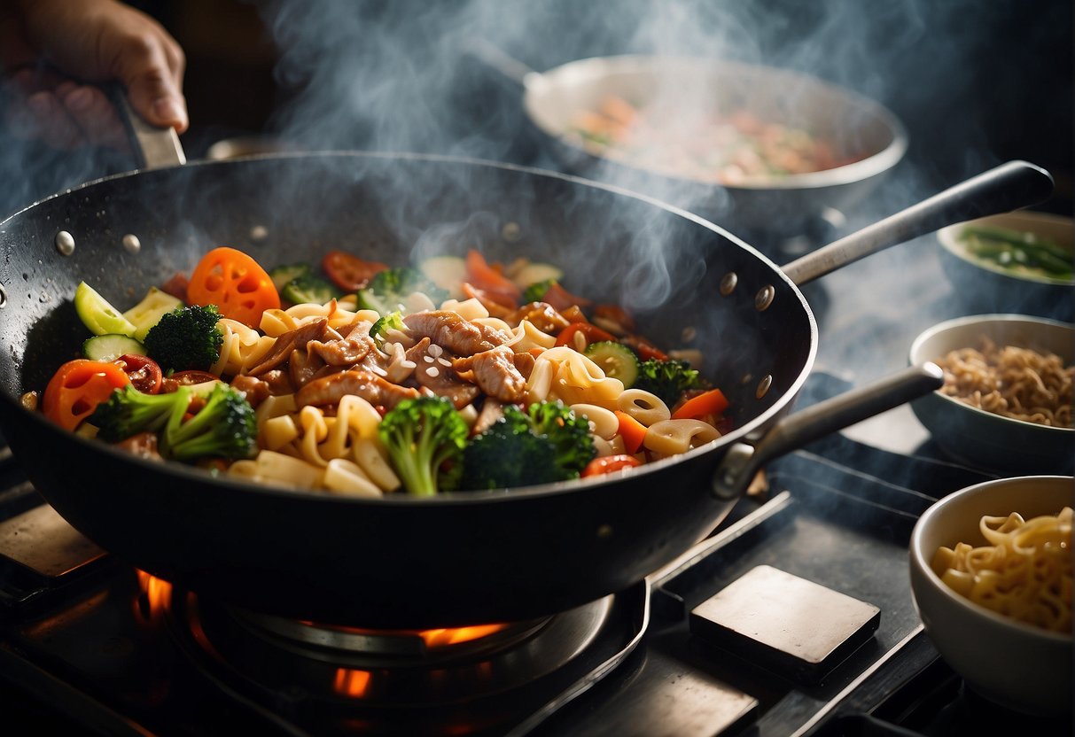 A steaming wok sizzles with stir-fried vegetables, pork, and Chinese-style macaroni, infused with soy sauce and aromatic spices