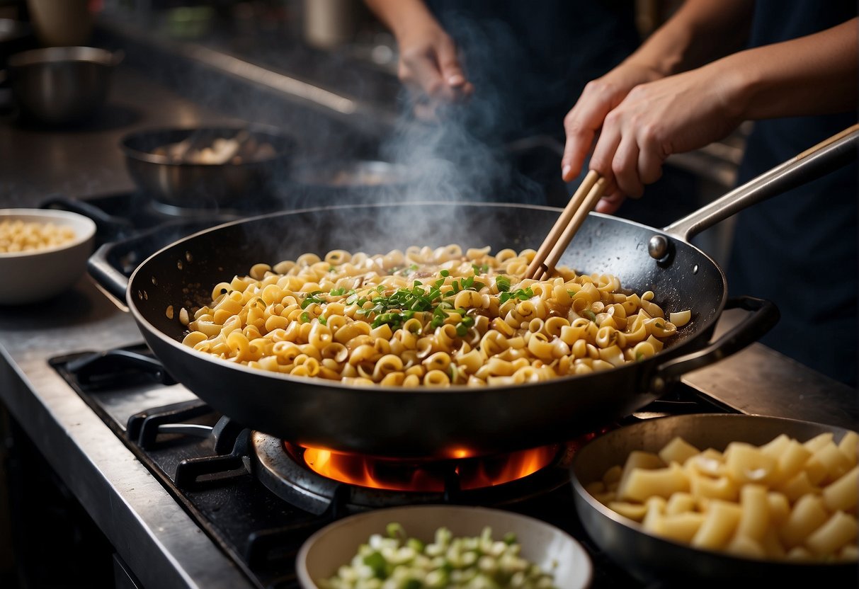 A wok sizzles with garlic, ginger, and scallions. A mix of soy sauce, oyster sauce, and sesame oil simmers as macaroni cooks in a pot