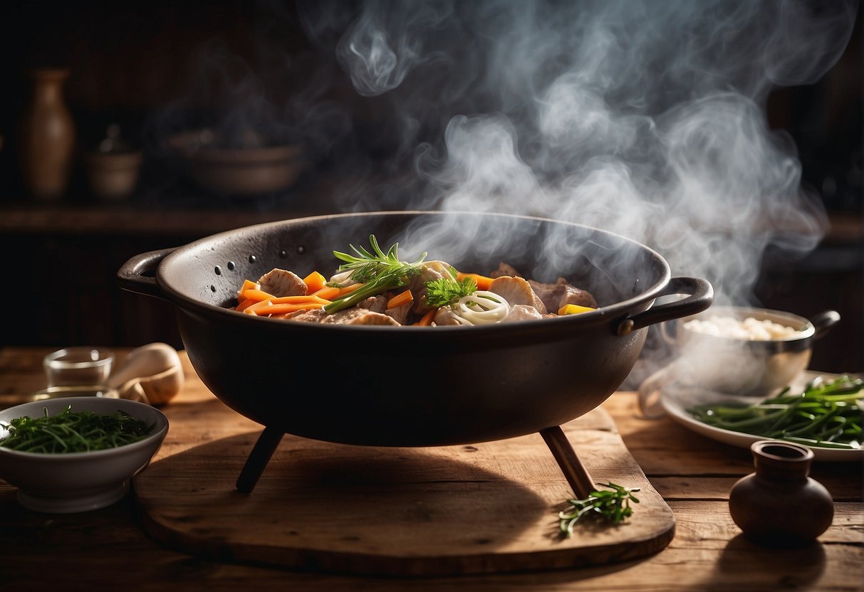 A steaming Chinese dutch oven sits on a rustic wooden table, filled with bubbling, aromatic ingredients, surrounded by traditional cooking utensils