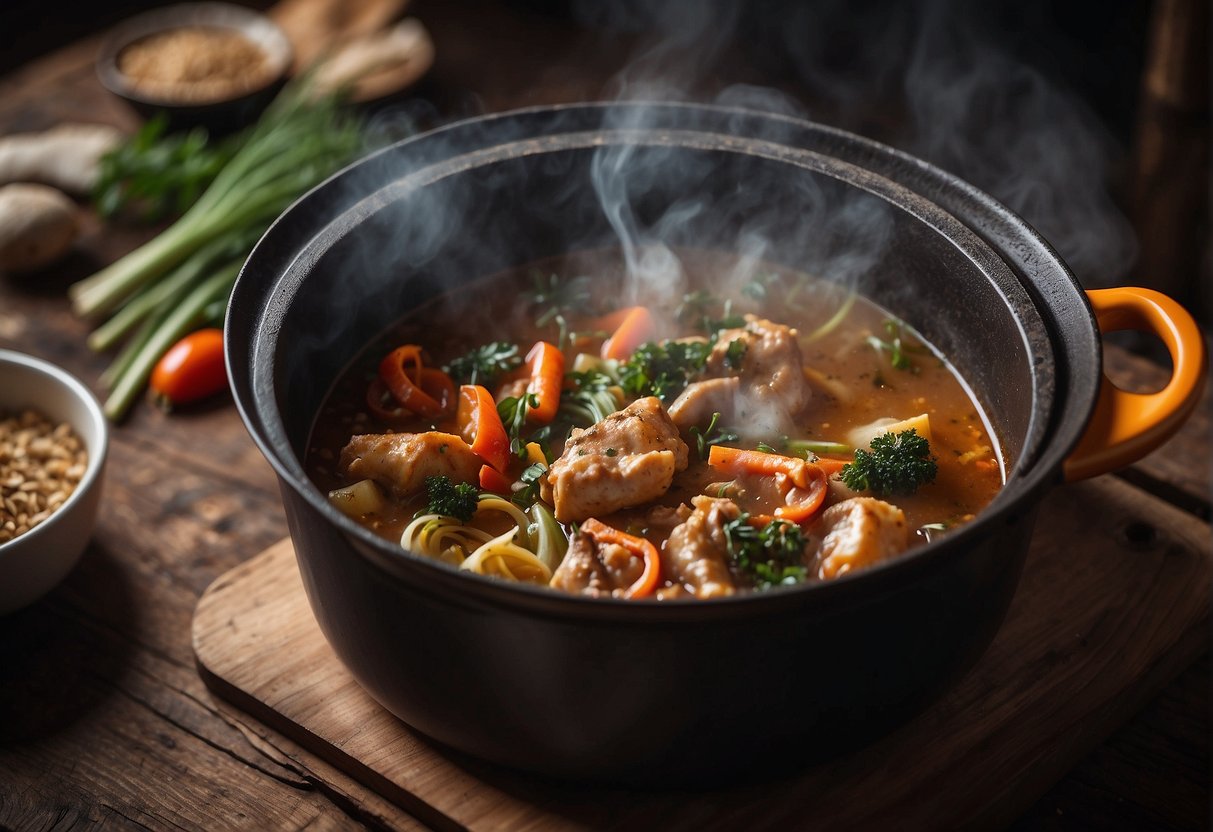 A Chinese dutch oven sits on a rustic wooden table, filled with bubbling and aromatic contents. Steam rises from the pot, filling the air with mouthwatering scents
