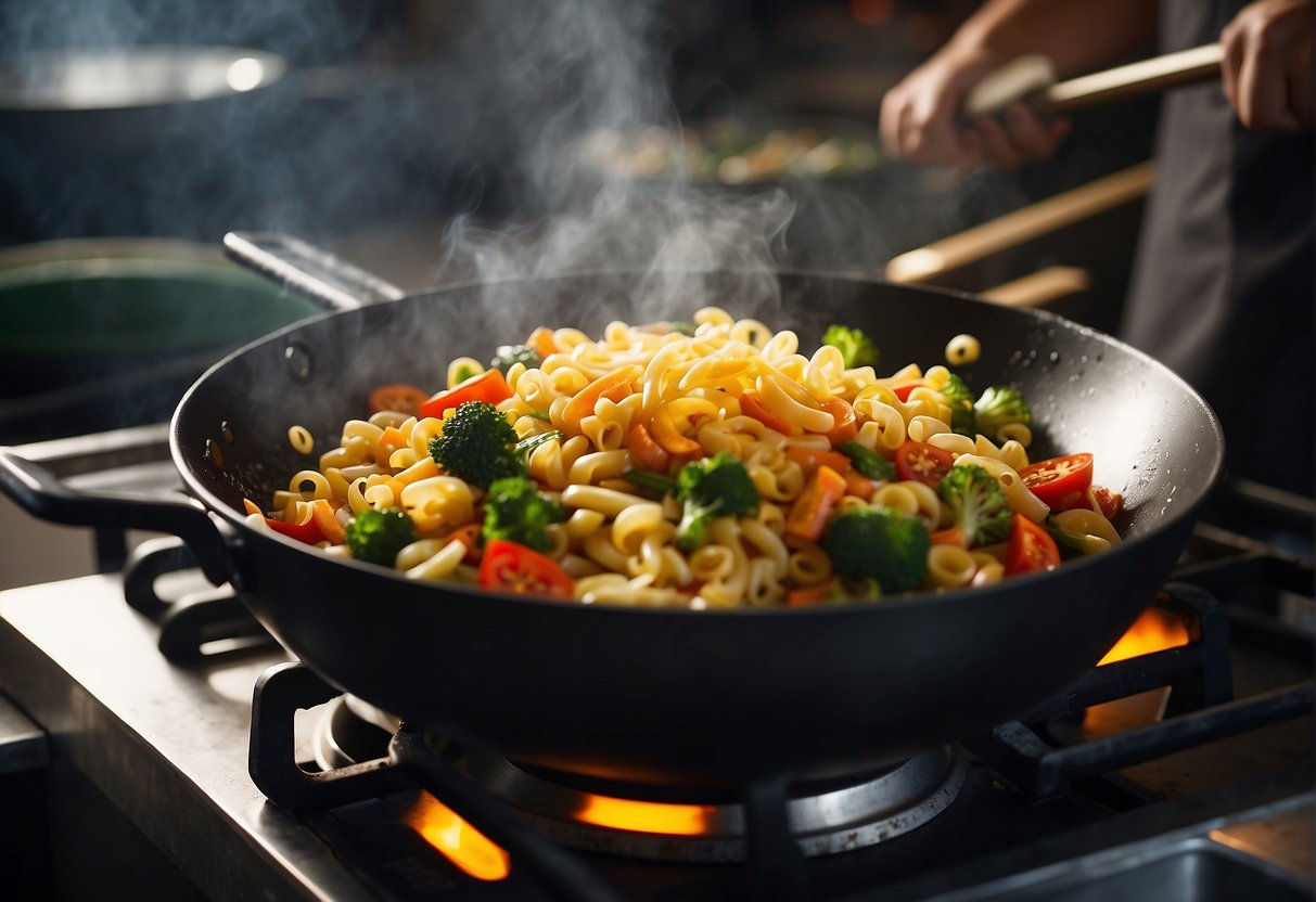 A wok sizzles as macaroni is stir-fried with Chinese spices and vegetables. Steam rises as the dish is plated and garnished