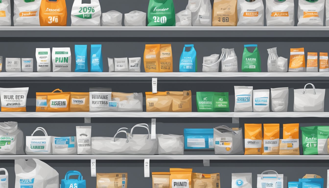 A hardware store shelf displays bags of white cement, with price tags and brand labels