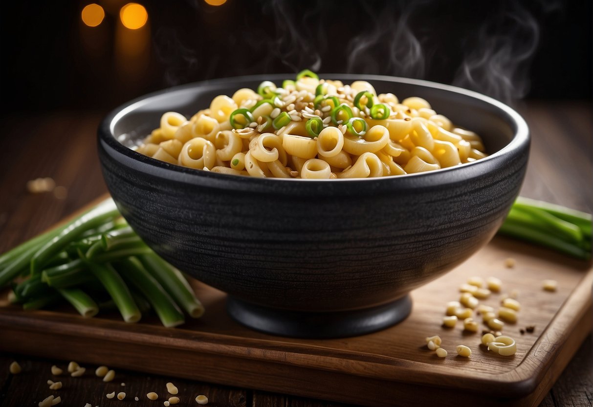 A steaming bowl of Chinese-style macaroni with savory broth, topped with sliced scallions and a sprinkle of sesame seeds, served on a wooden tray