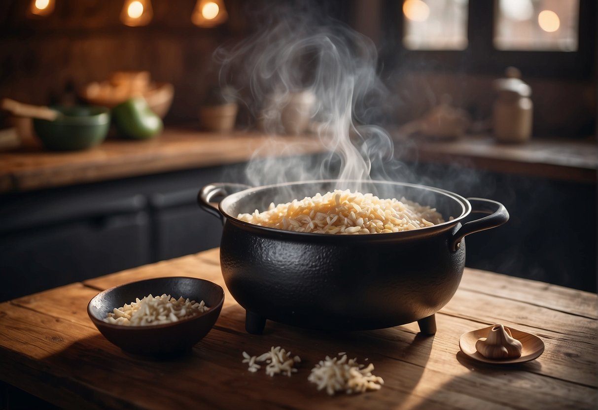 A traditional Chinese Dutch oven sits on a rustic wooden table, steam rising from the aromatic, bubbling contents inside. Ingredients like ginger, garlic, and soy sauce are scattered nearby, ready to be added to the dish