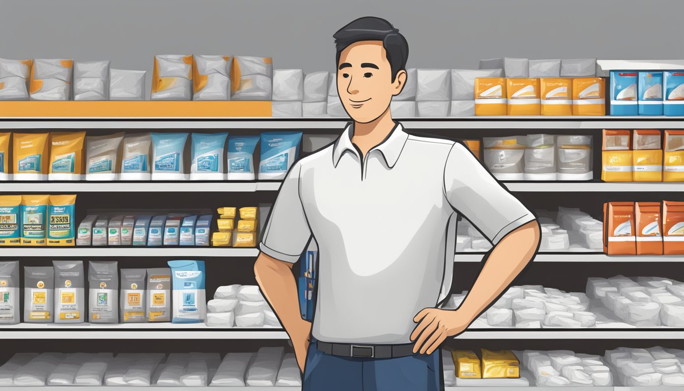 A customer at a hardware store in Singapore selects a bag of white cement from a shelf