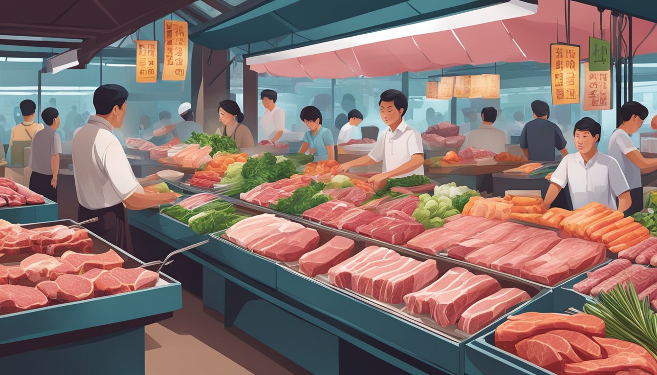 A bustling market stall displays various cuts of fresh meat in Singapore