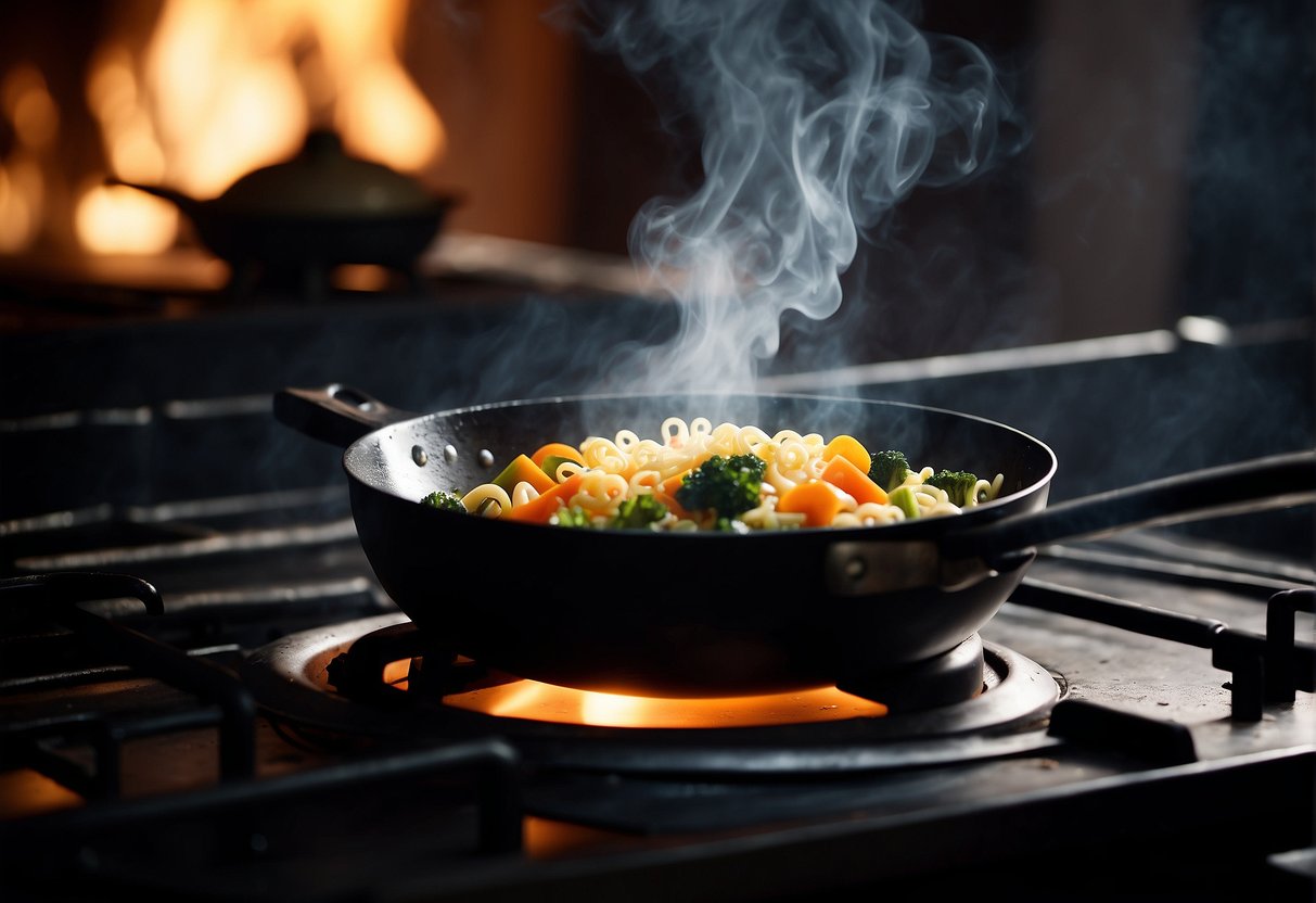A steaming wok sizzles with stir-fried vegetables and savory Chinese spices, as a pot of al dente macaroni bubbles on the stove