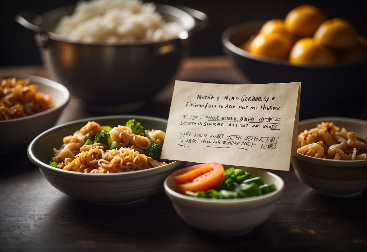 A hand-written note with freezing and reheating instructions next to a container of Chinese food