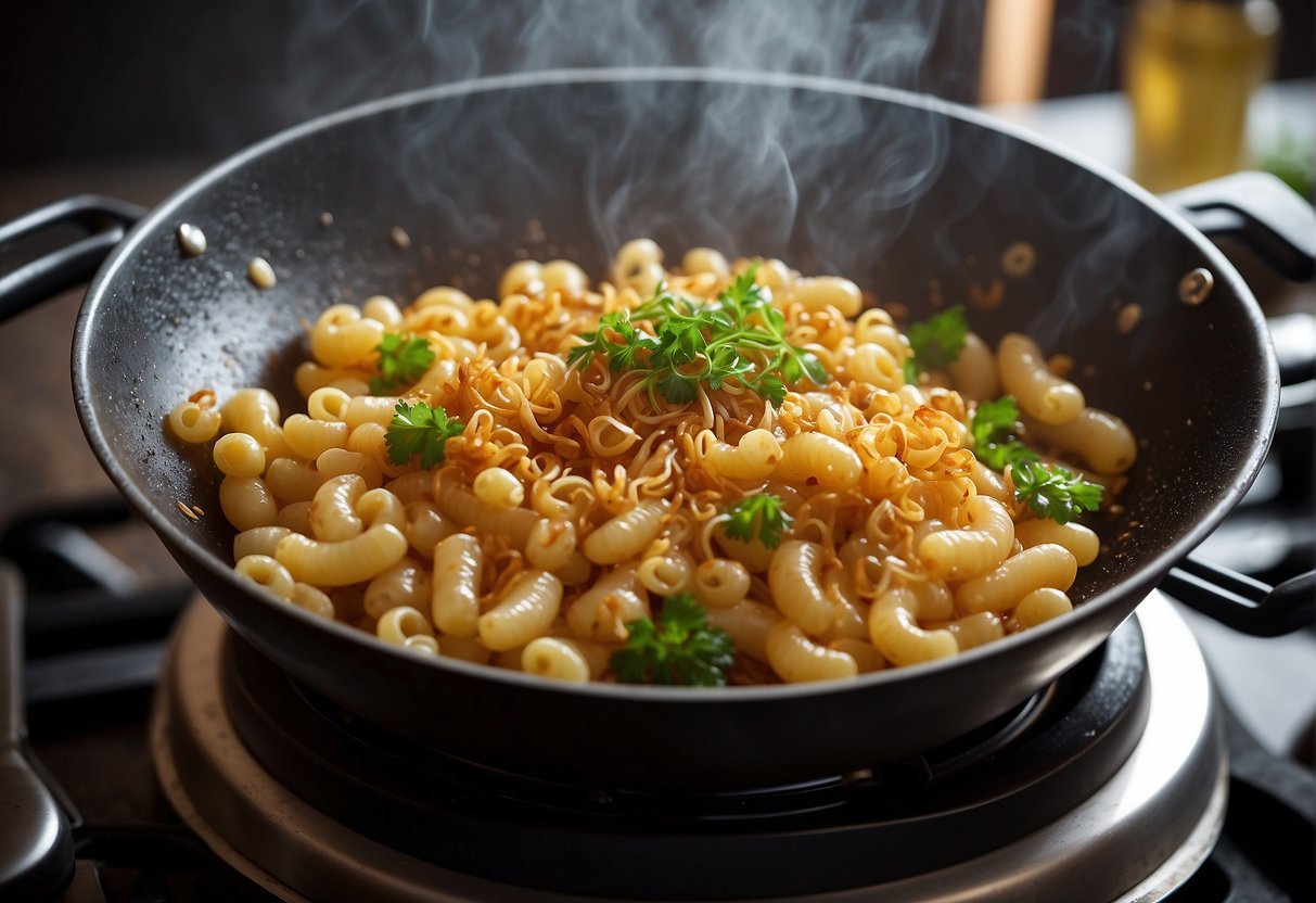 A wok sizzles as Chinese-style macaroni simmers in a savory sauce. Steam rises from the bubbling pot, filling the kitchen with the aroma of ginger and garlic