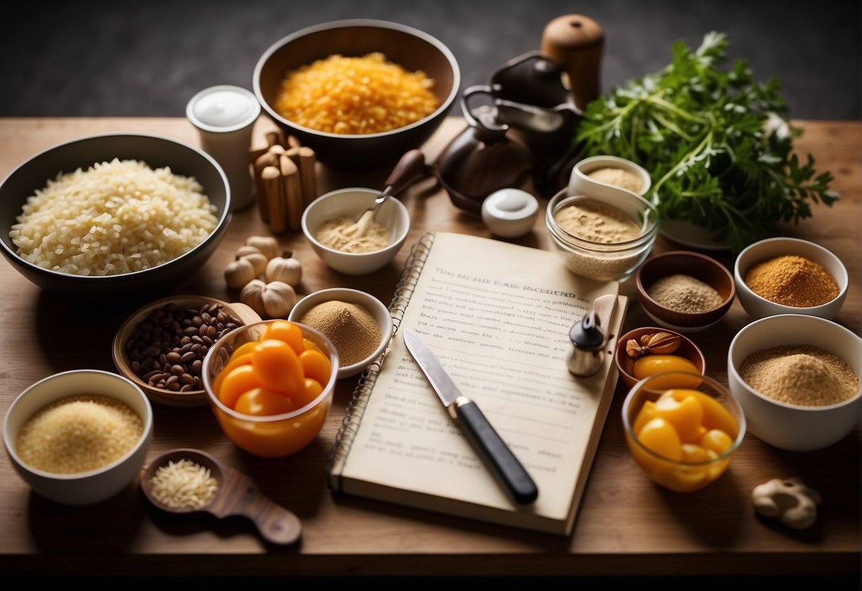 A kitchen counter with various ingredients and cooking utensils laid out, with a recipe book open to a page titled "Make Ahead Chinese Recipes."