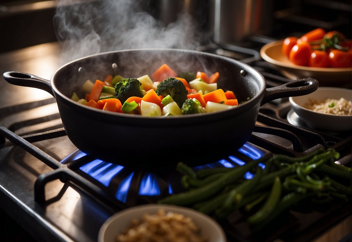 A Chinese Dutch oven sits on a stovetop, steam rising from the lid. Chopped vegetables and marinated meat are arranged nearby, ready for cooking