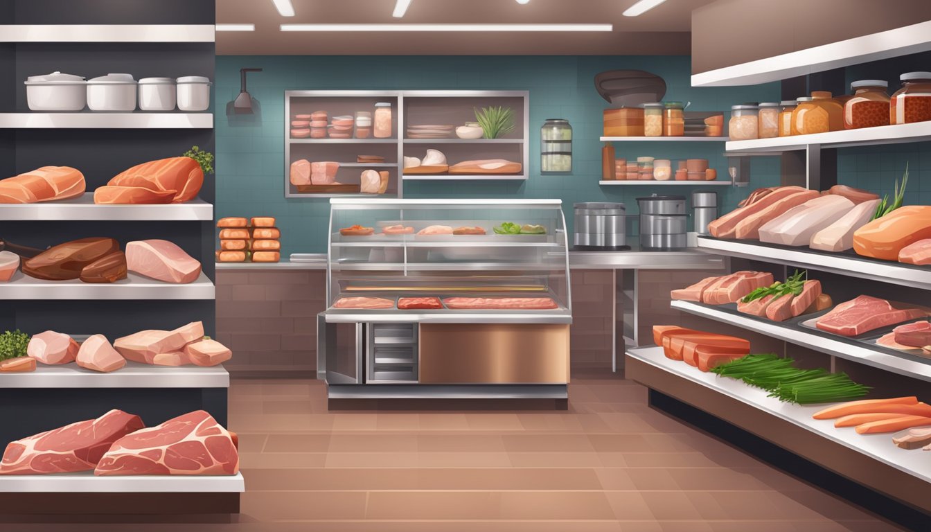A sleek and modern butcher shop with a wide variety of high-quality meats on display, surrounded by clean and organized shelves stocked with gourmet ingredients and cooking tools