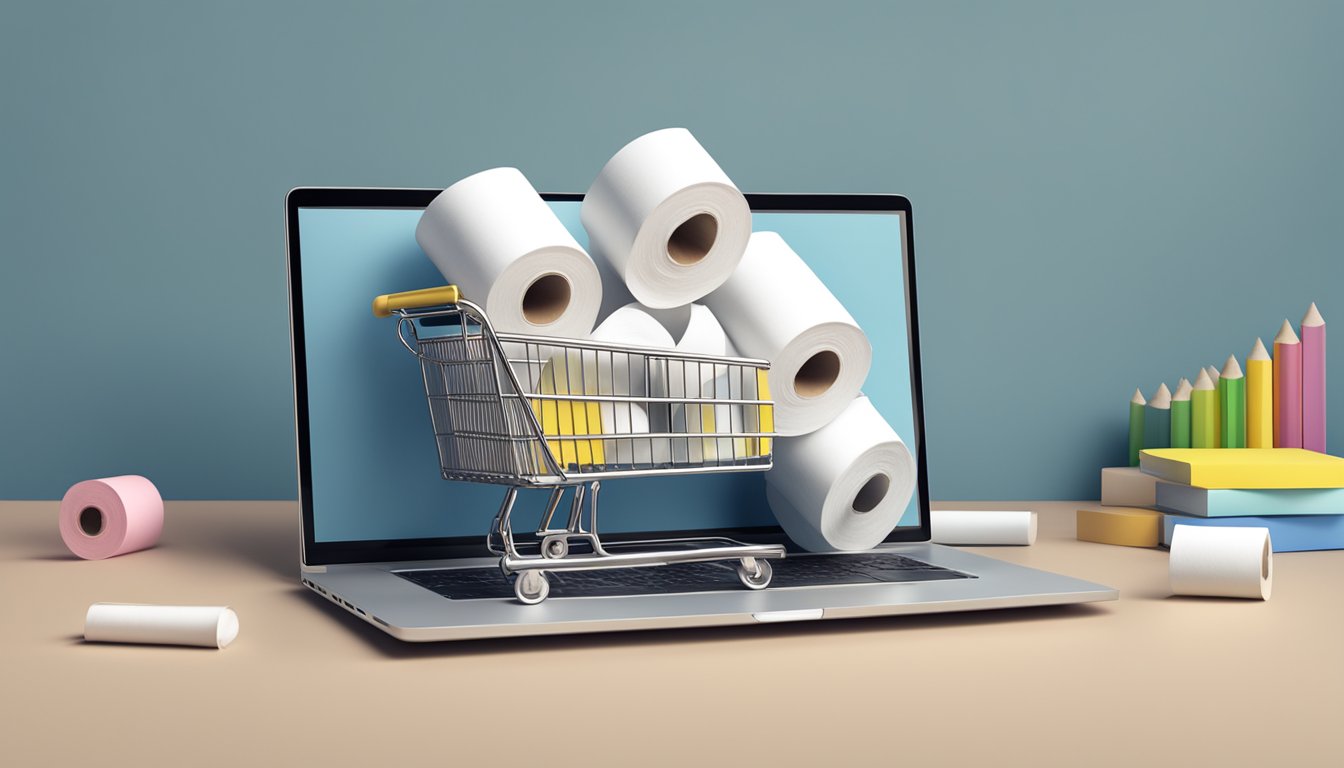 Toilet paper rolls stacked in a shopping cart on a laptop screen with a "buy now" button