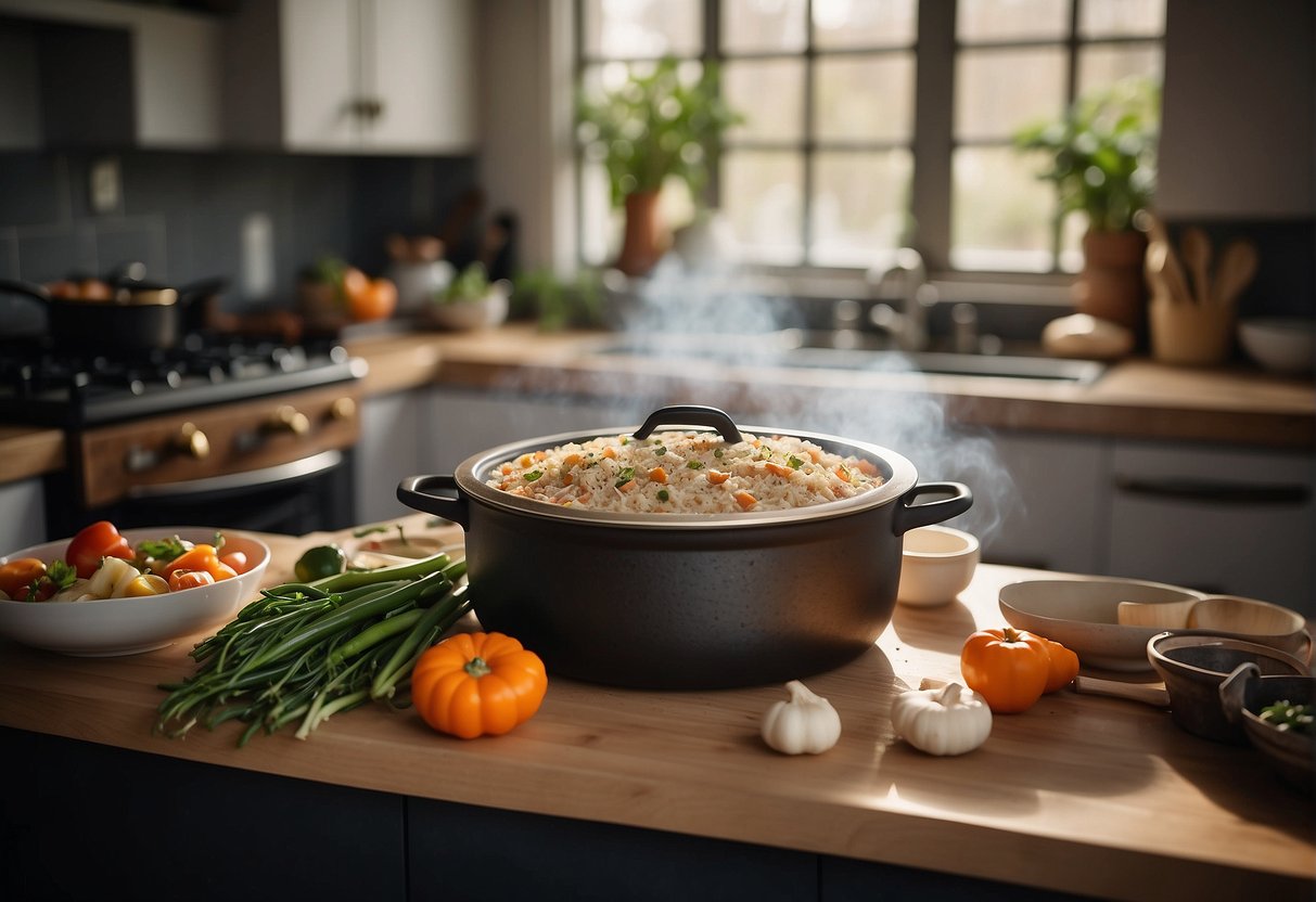 A Chinese Dutch oven sits on a kitchen counter, surrounded by various ingredients and cooking utensils. A recipe book is open to a page titled "Frequently Asked Questions Chinese Dutch Oven Recipes."