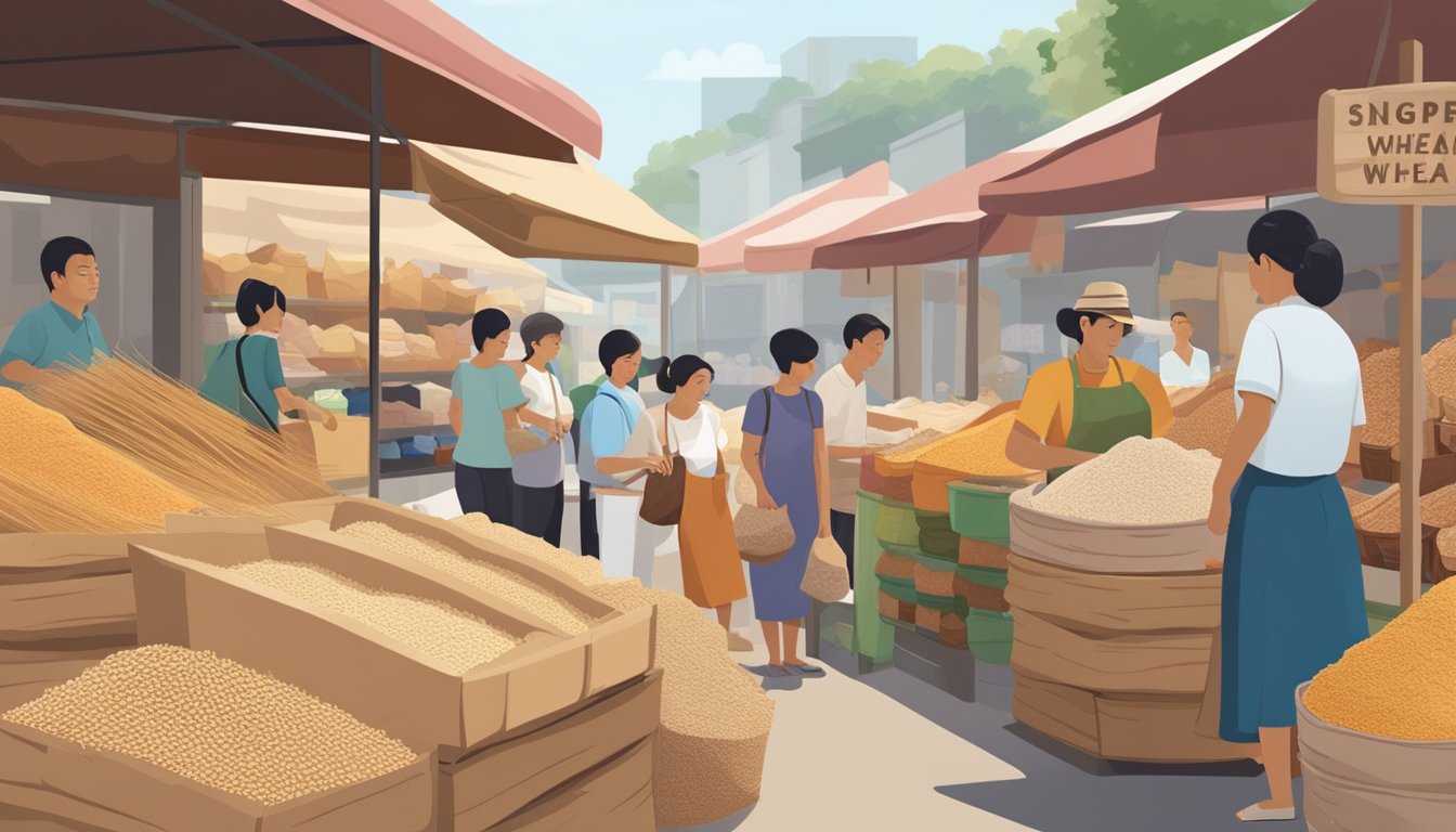 A bustling market stall displays bags of whole wheat flour in Singapore. Shoppers browse the selection, while the vendor arranges the products