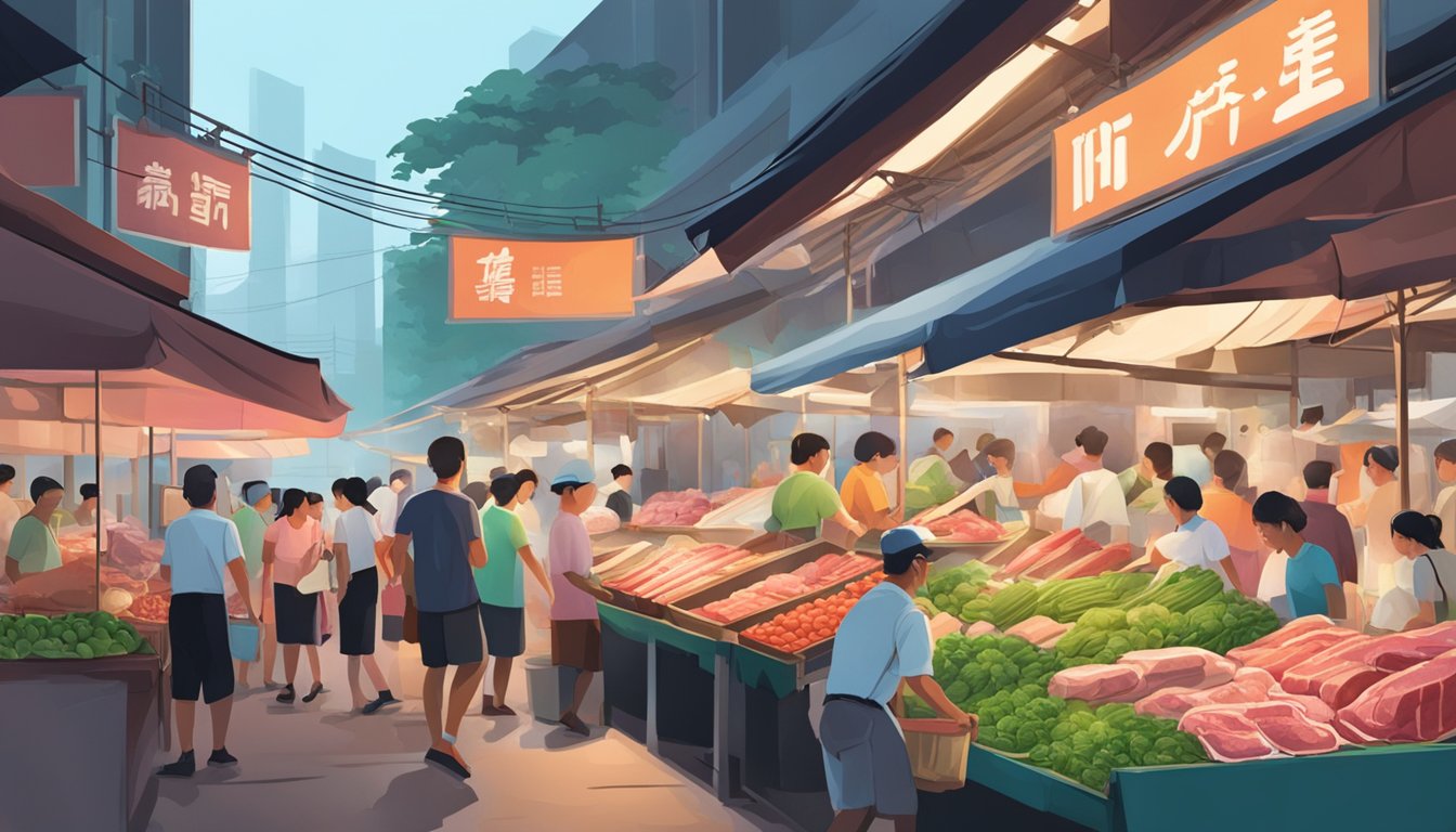 A bustling market with various vendors selling fresh meat in Singapore