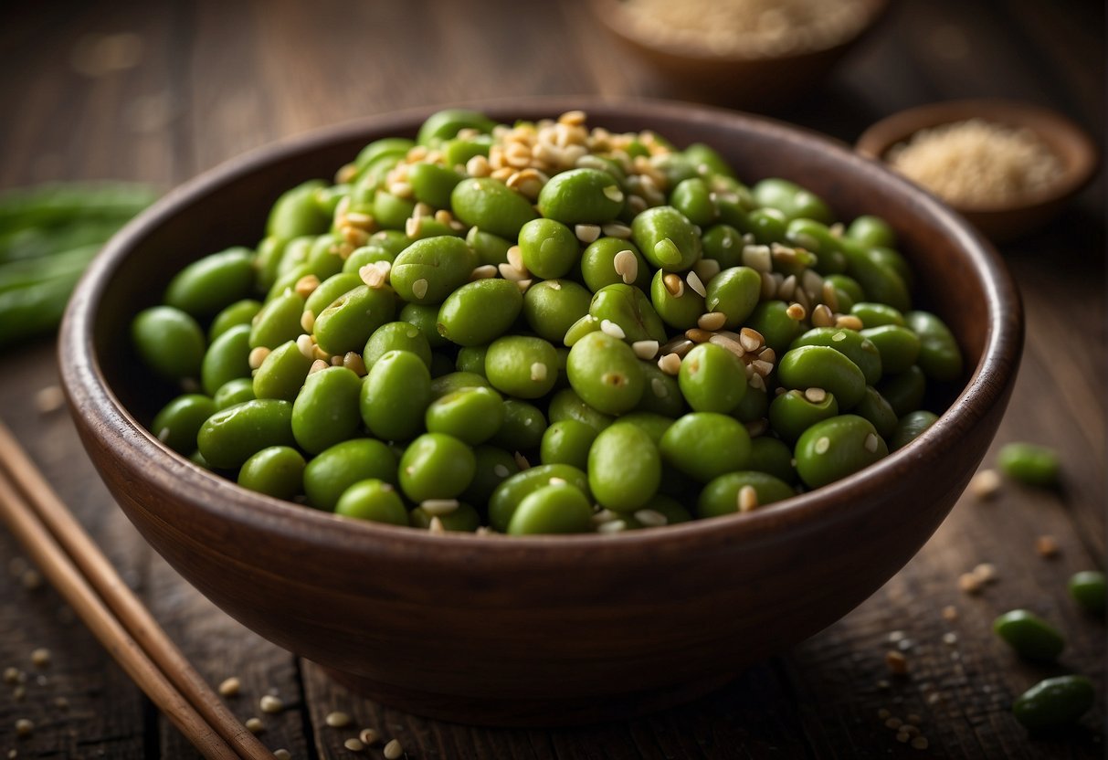 A steaming bowl of Chinese edamame, seasoned with garlic, soy sauce, and sesame oil, sits on a rustic wooden table