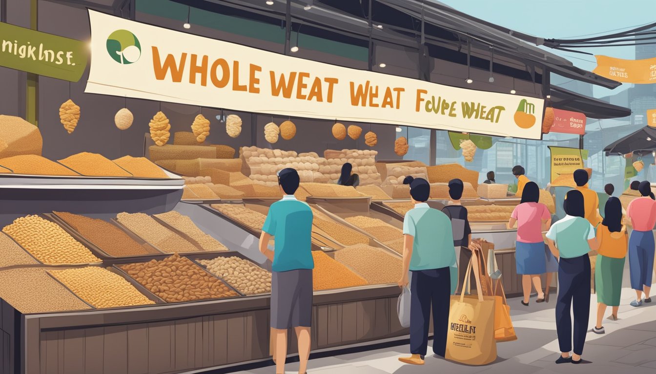 A bustling market stall displays bags of whole wheat flour in Singapore. Brightly colored signage advertises the high-quality product